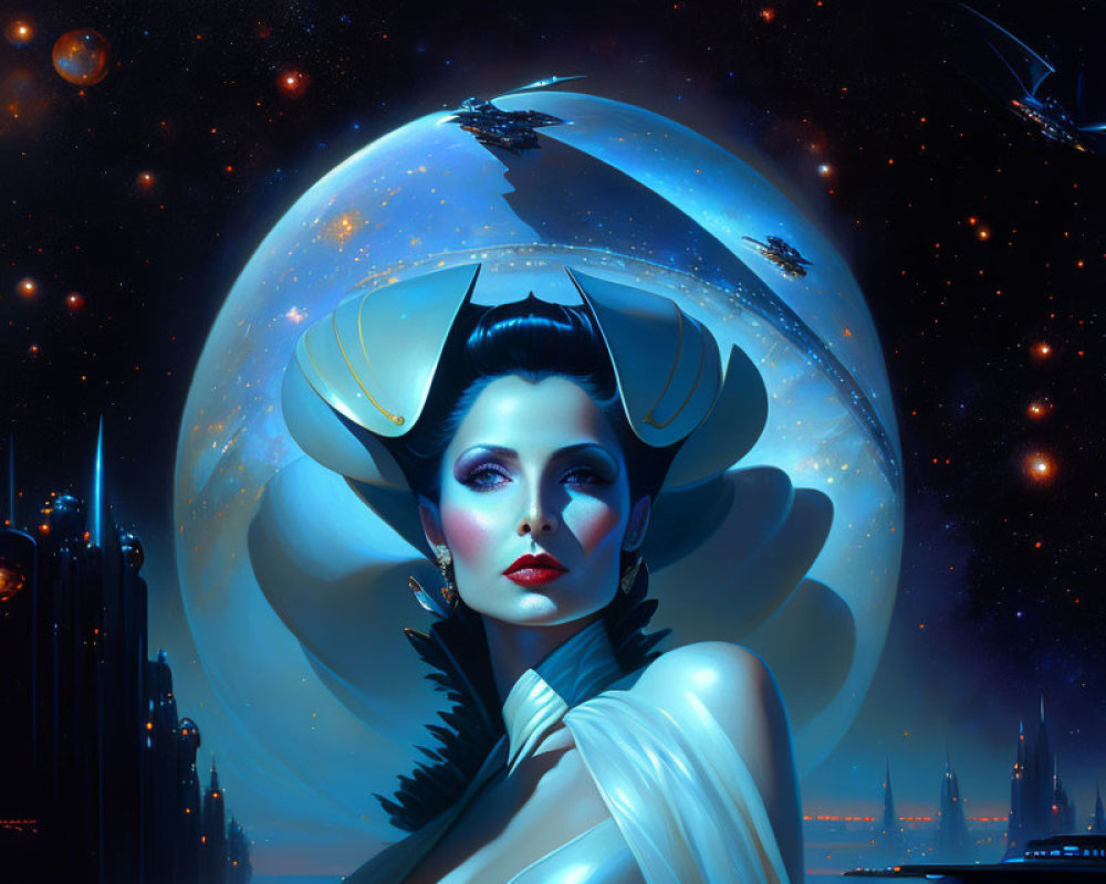 Futuristic artwork of woman in cosmic setting