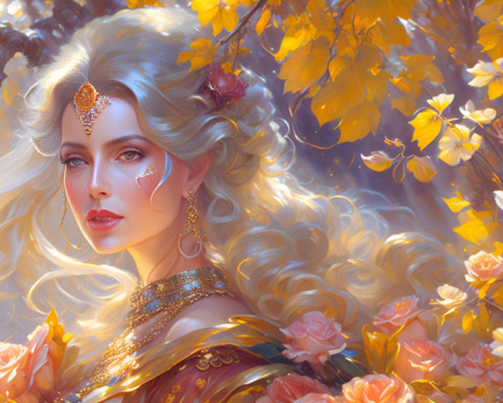 Ethereal woman with golden hair among autumn leaves