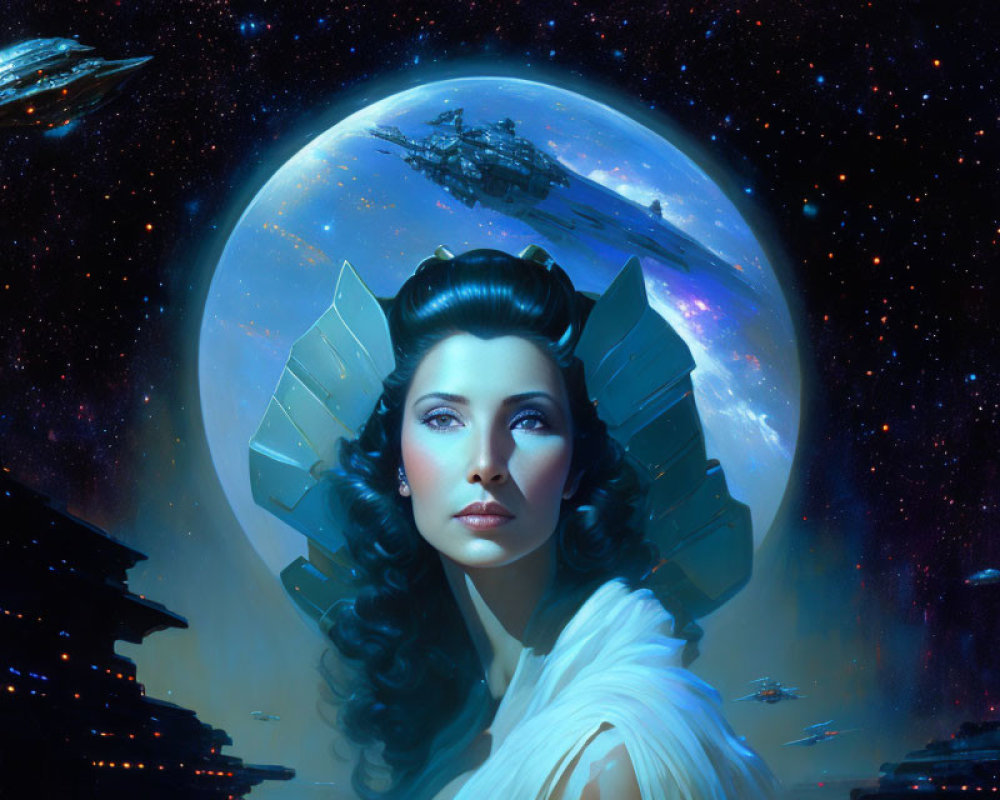 Futuristic woman portrait with cosmic backdrop