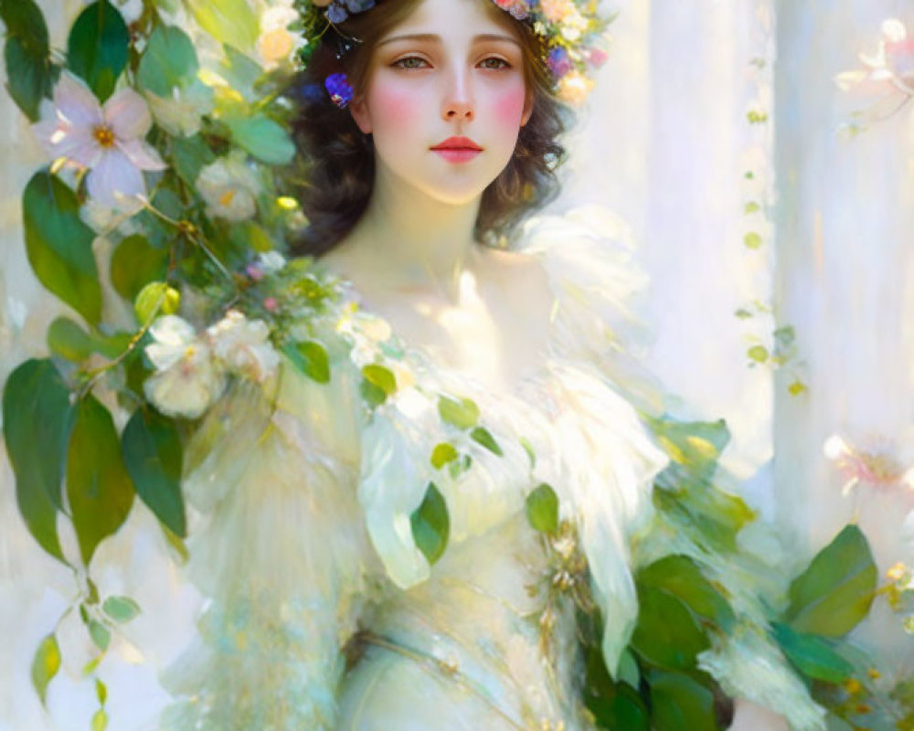 Woman with floral wreath among blossoms and vines in serene setting