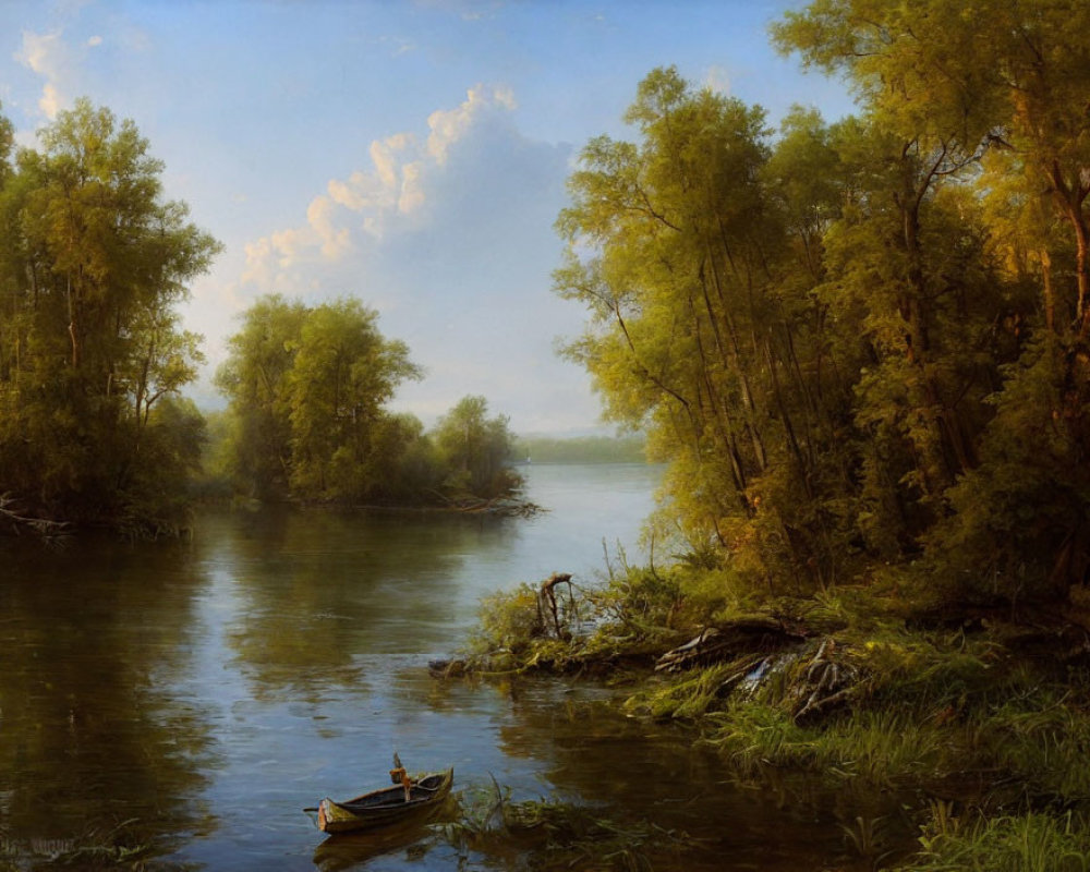 Tranquil river landscape with lush trees, moored boat, fluffy clouds, and blue sky