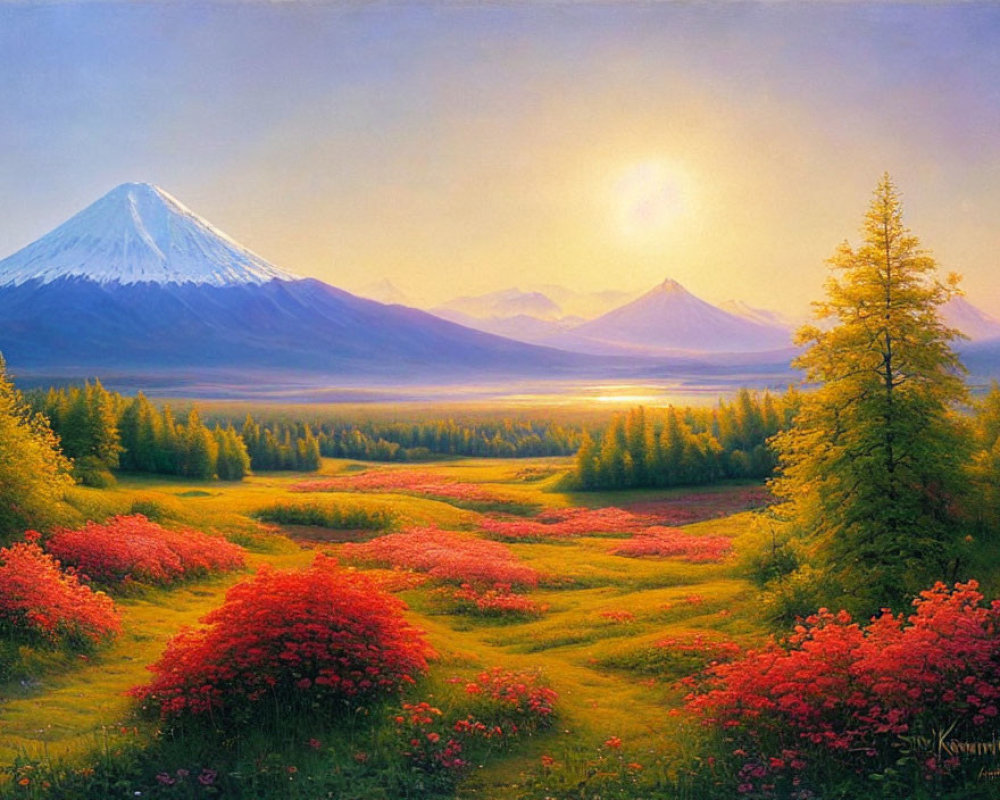 Snow-capped mountain in sunset landscape with red flowers