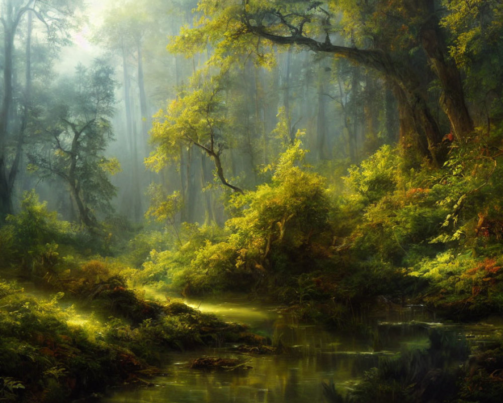Tranquil forest with sun rays, mist, greenery, and stream