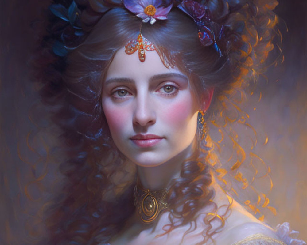 Digital art portrait of woman with intricate floral hairstyle and glowing light