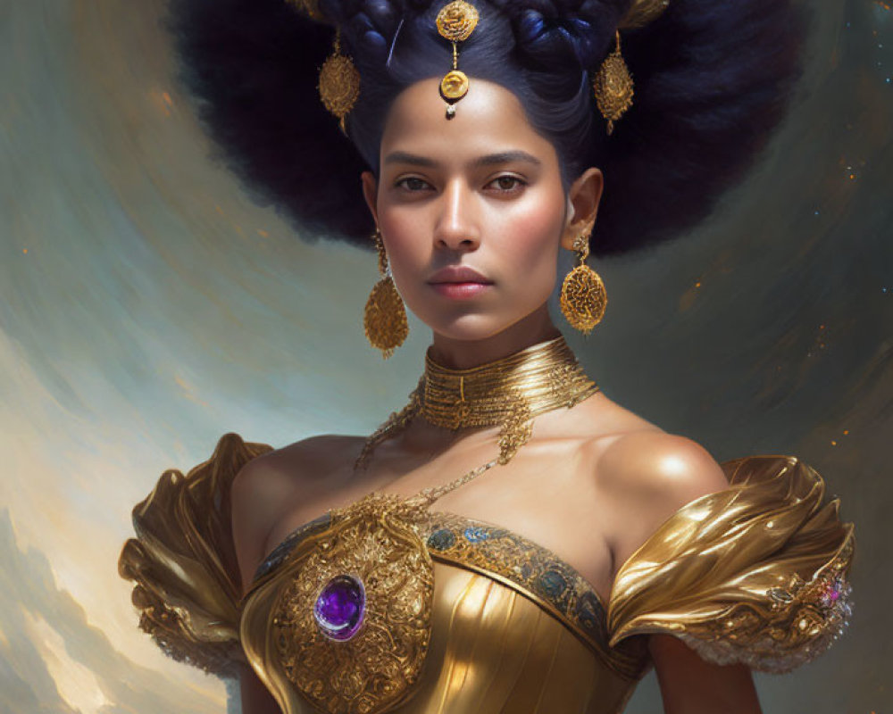 Regal woman in gold and purple headdress with amethyst accent