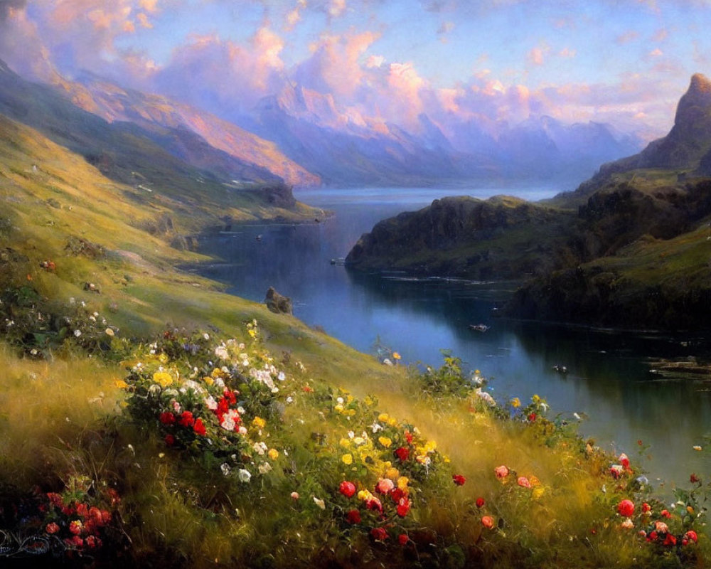 Scenic painting of tranquil lake, mountains, and wildflowers