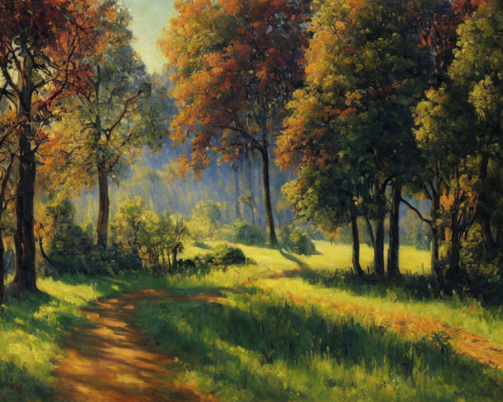 Sunlit Forest Path Through Autumn Trees