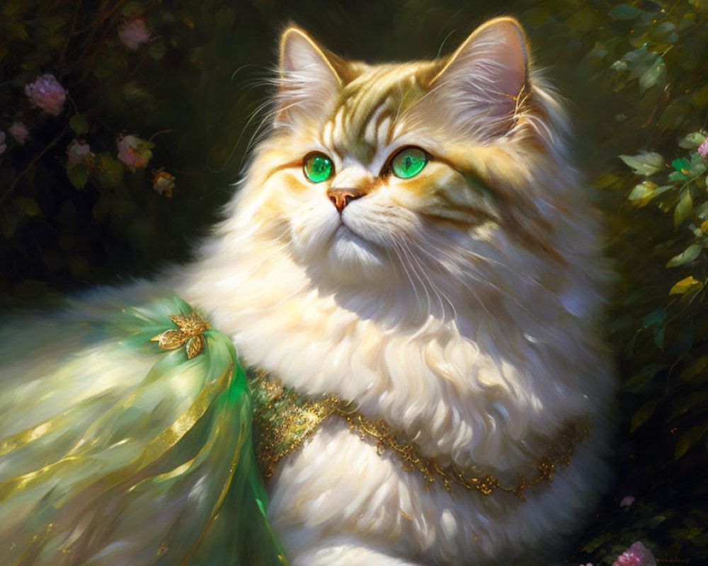 Long-Haired Cat with Green Eyes in Golden-Trimmed Cape