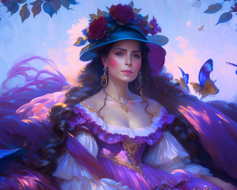 Victorian woman in purple dress with butterflies in fantasy woodland