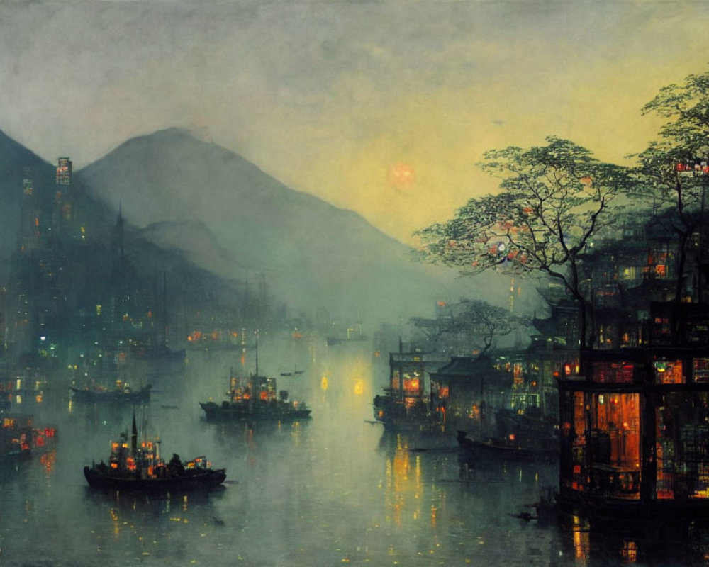 Traditional buildings and boats on water in misty evening mountains