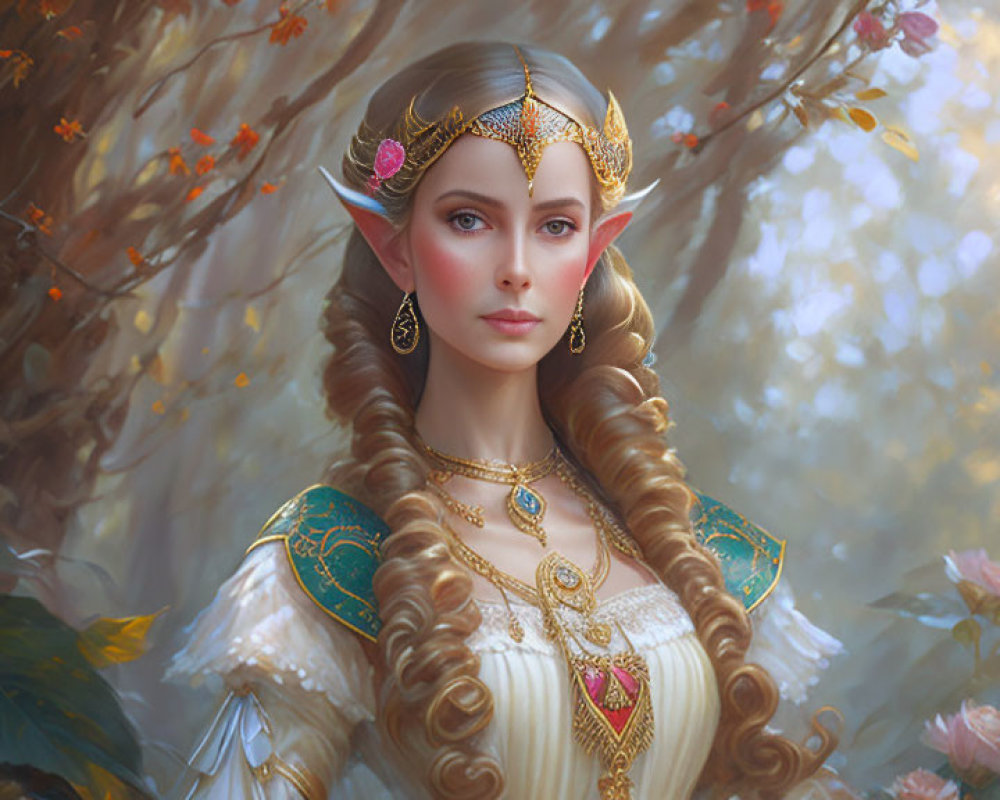 Elf woman with golden jewelry in forest setting