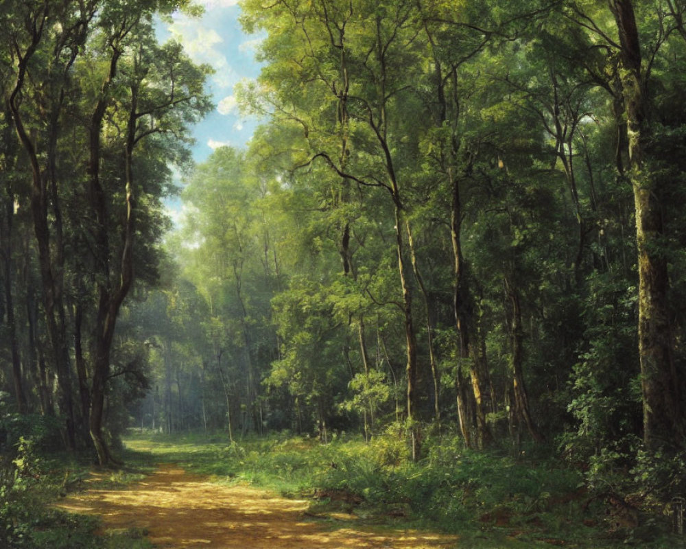 Tranquil forest scene: tall green trees, dirt path, clear blue sky