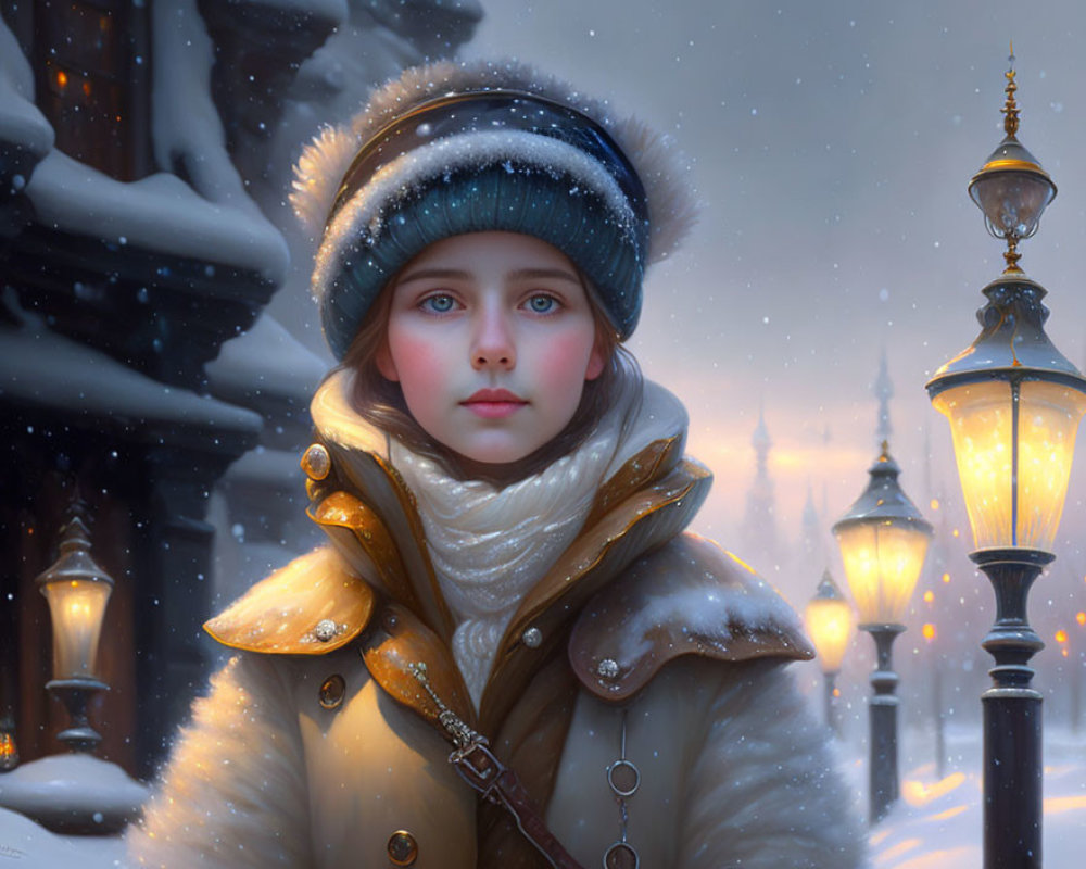 Young girl in winter clothing with glowing street lamps and snow-covered buildings