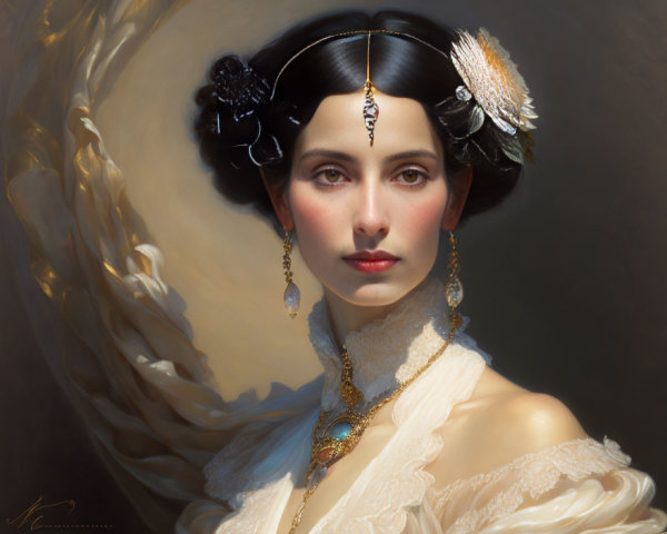 Woman Portrait with Jewelry, Headpiece, & Elegant Hairstyle