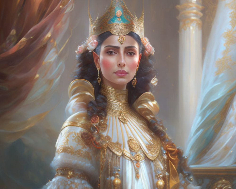 Regal woman in ornate crown and white robes near marble columns