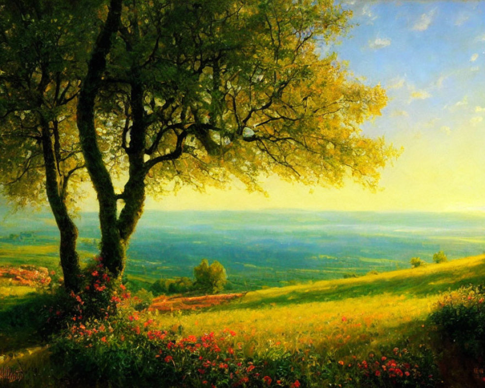 Tranquil landscape painting of lush tree in golden sunlight over green valley