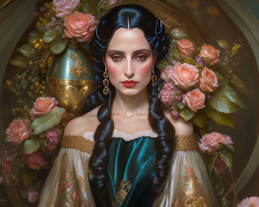 Dark-haired woman in turquoise dress with golden accents and pink roses illustration.