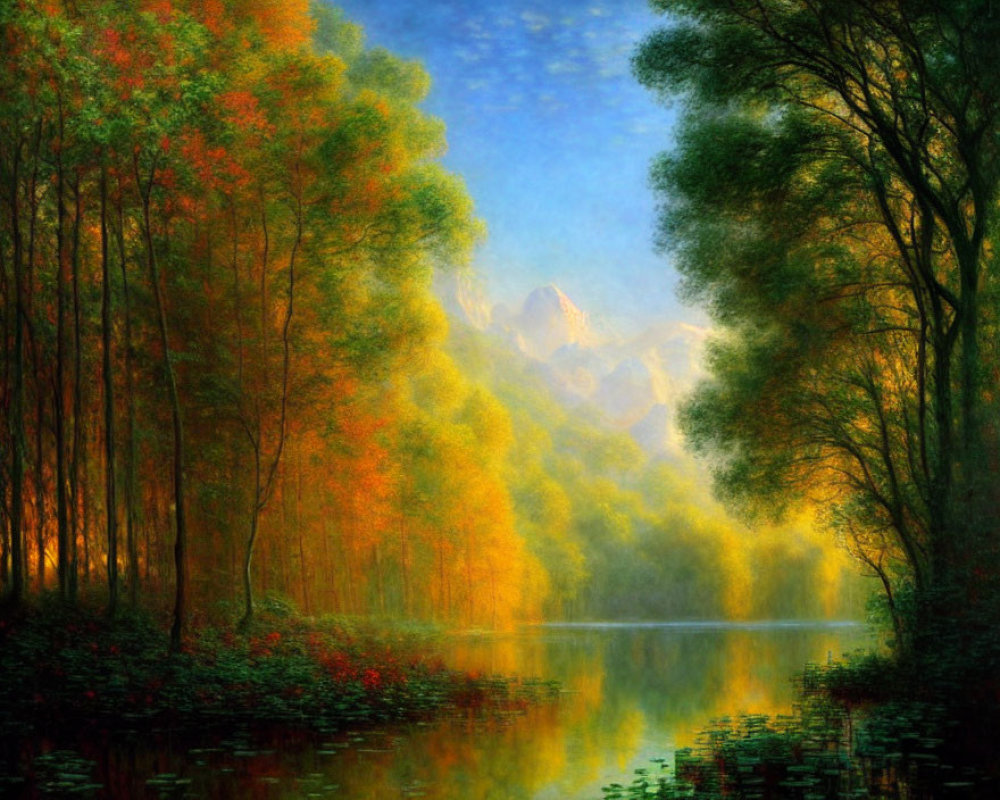Tranquil autumn landscape with vibrant trees, calm lake, misty mountains, and soft blue sky