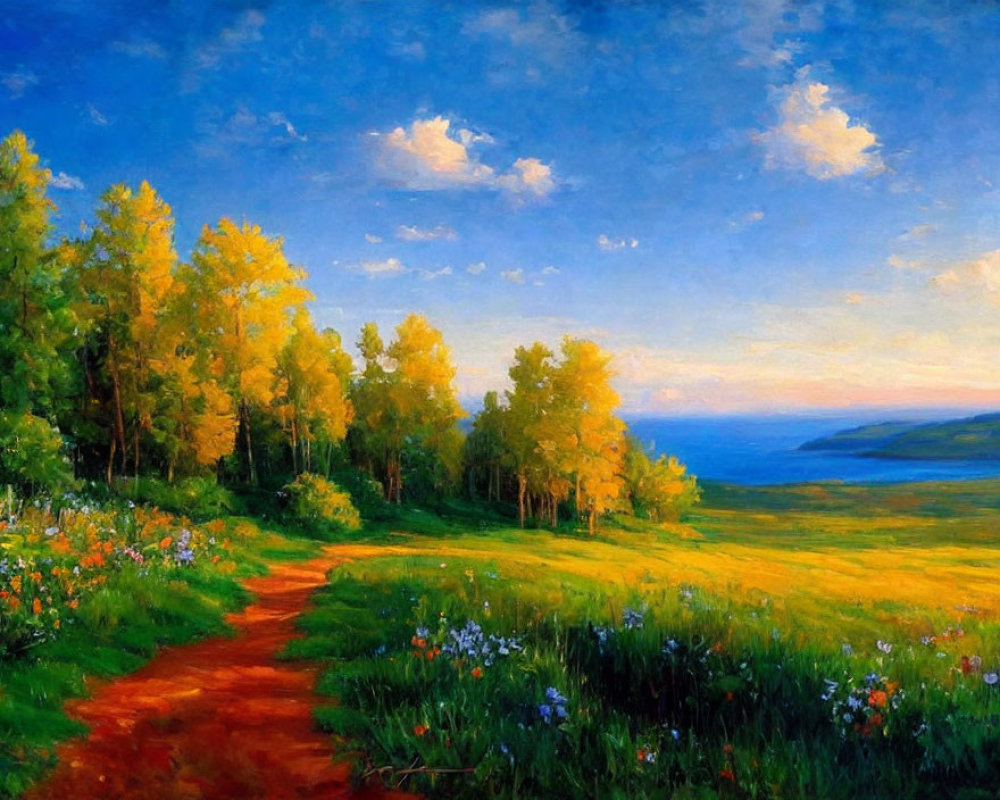 Landscape painting: Winding path through lush greenery, trees, and tranquil sea