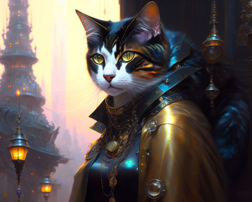 Regal armored cat against futuristic cityscape.