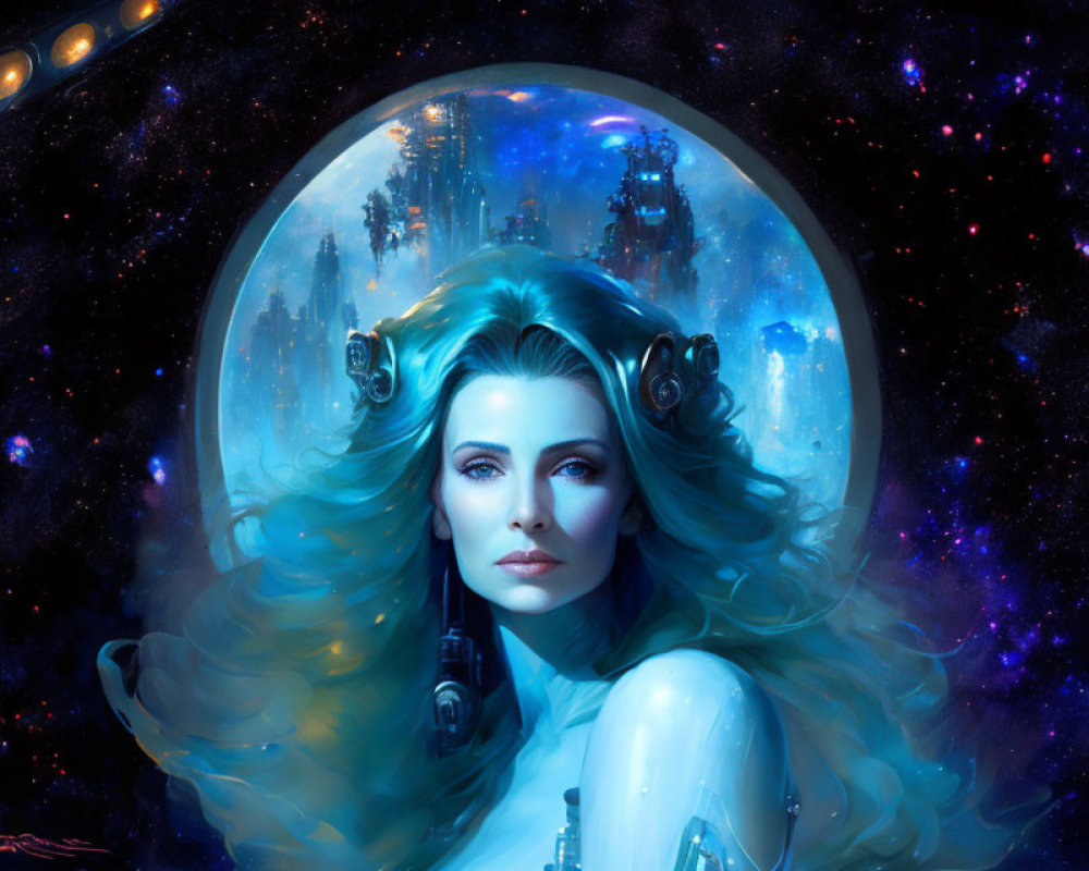 Futuristic woman in space gear with flowing hair in starry space landscape
