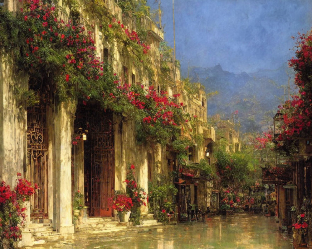 Charming street scene with weathered buildings and red flowers