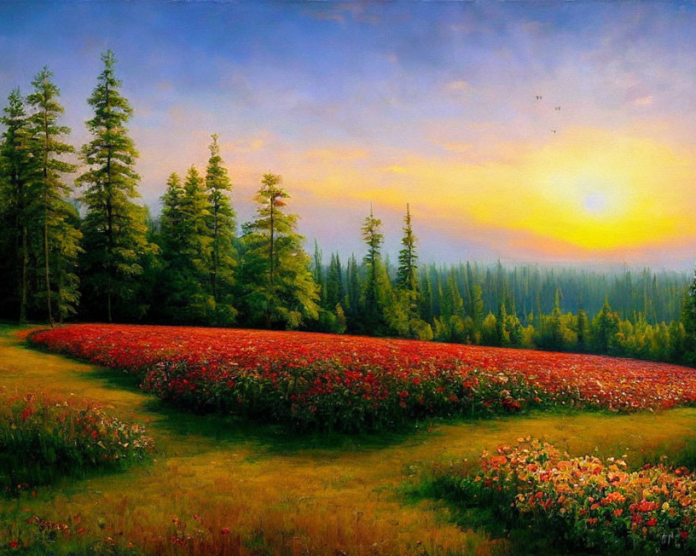 Colorful sunset painting over red flower field and green pine trees