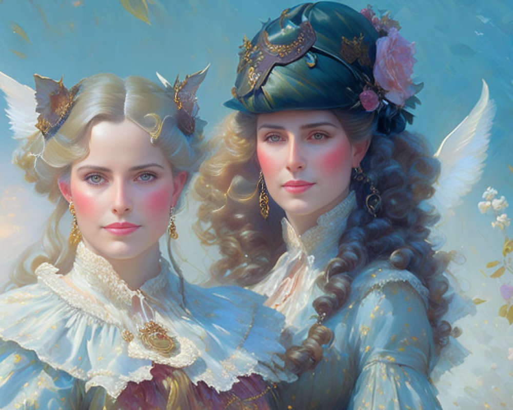 Vintage Attired Women in Floral and Feathered Hats on Soft Background
