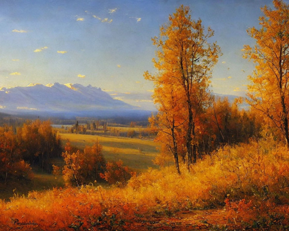 Tranquil autumn landscape with golden trees and distant mountains