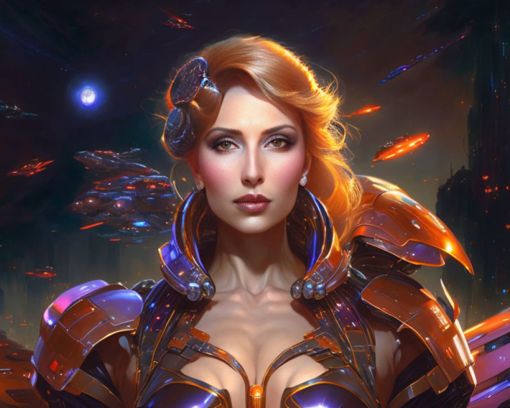 Futuristic digital artwork of woman in red hair and armor in sci-fi cityscape