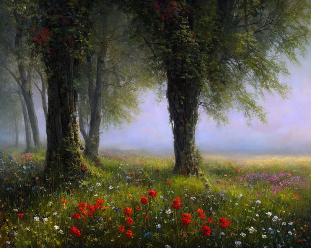 Serene forest landscape with large trees and misty backdrop