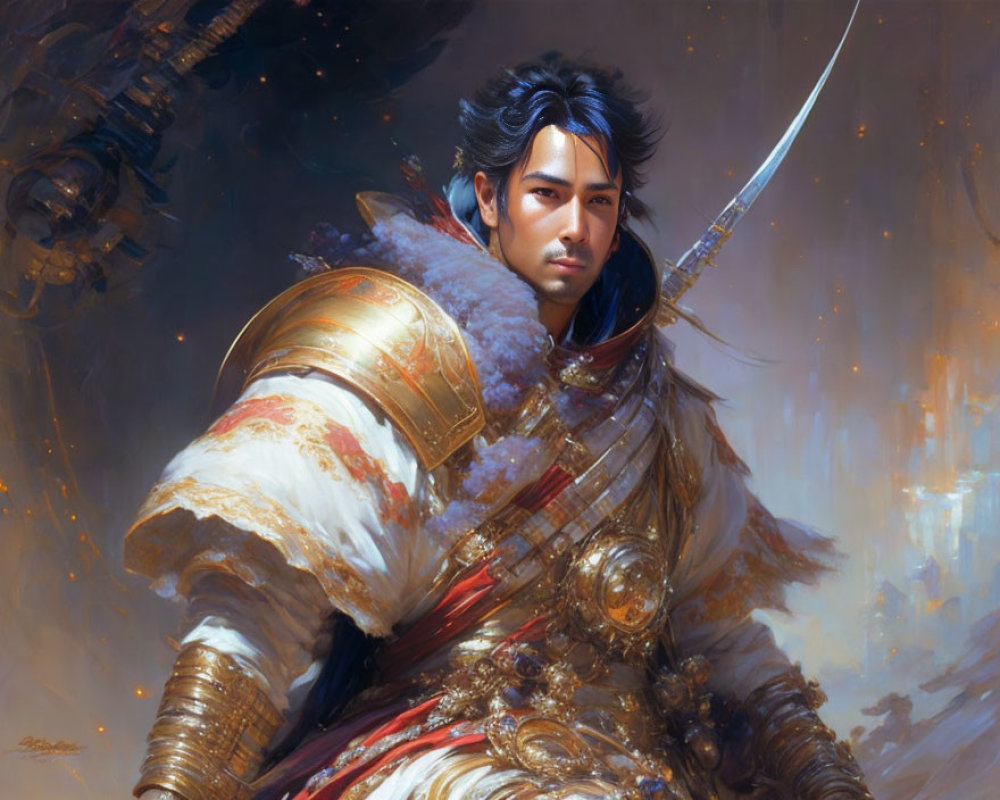 Warrior in Ornate Armor Wielding Long Sword in Dynamic Battle Scene