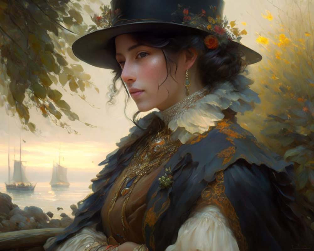 Vintage-dressed woman gazes at calm sea with moored ships