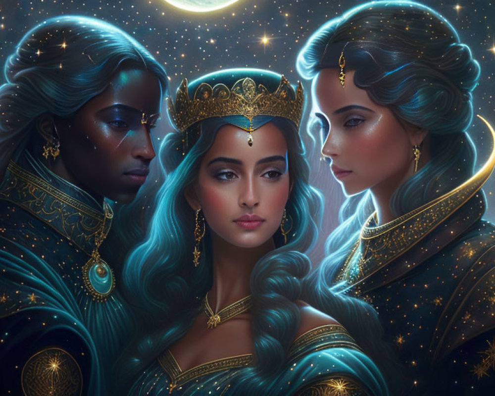 Three women in celestial attire against starry night background