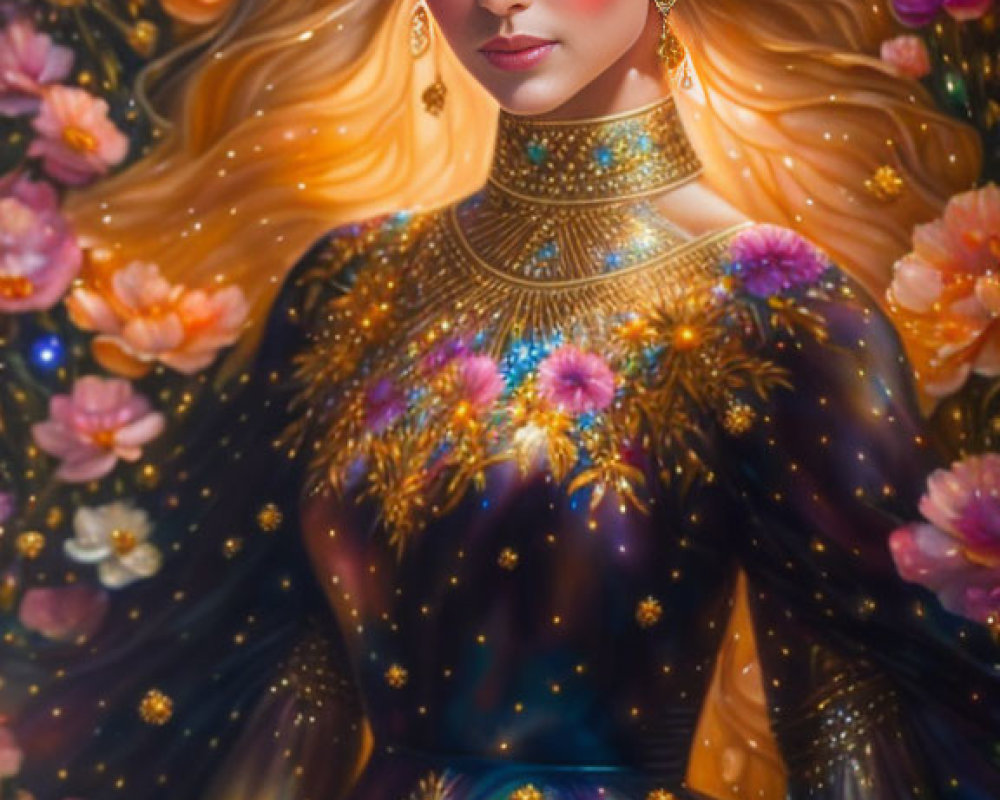 Ethereal woman in galaxy-themed dress among blossoming flowers
