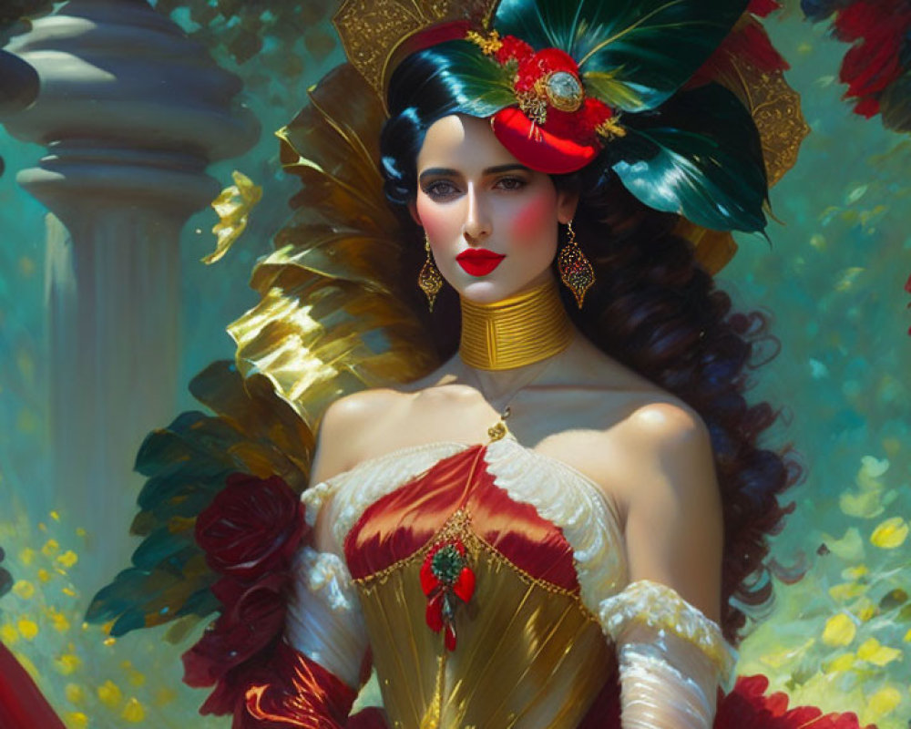 Regal woman in green hat and red gown with gold accessories