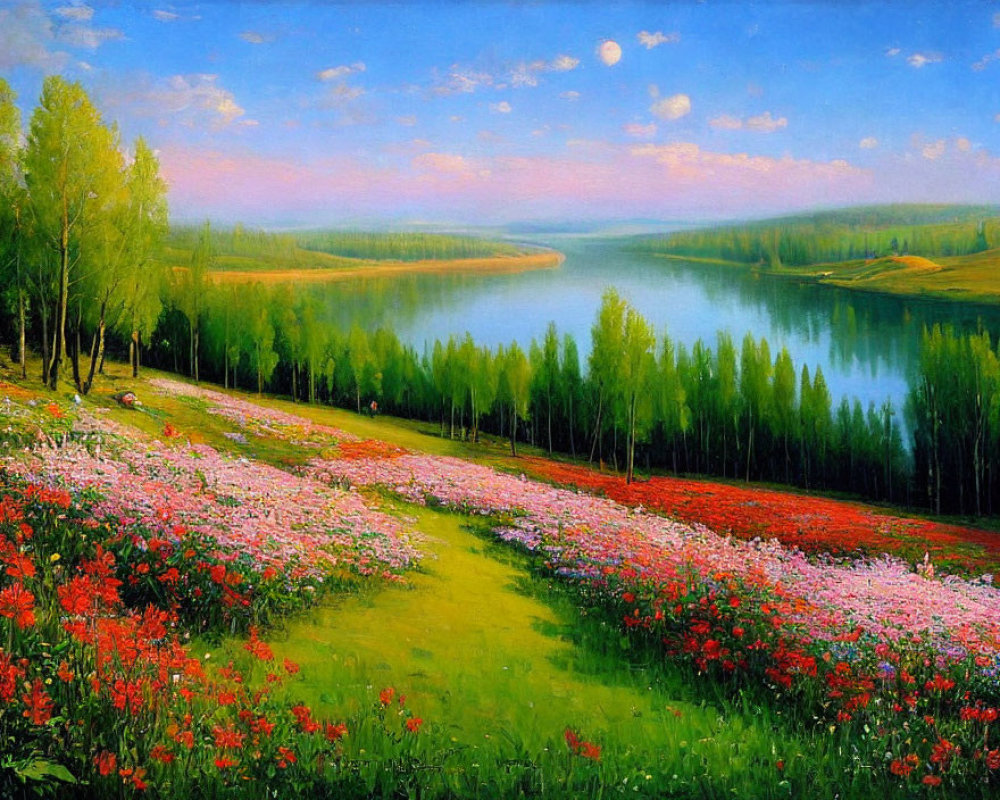Colorful painting: Flowering meadow, calm river, green trees, blue sky.