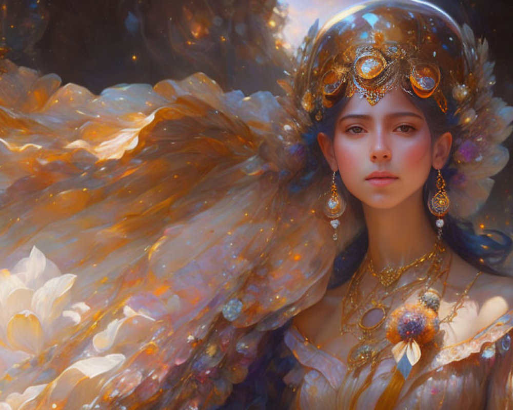 Regal woman adorned in golden jewelry and headdress with luminous cloak and flowers