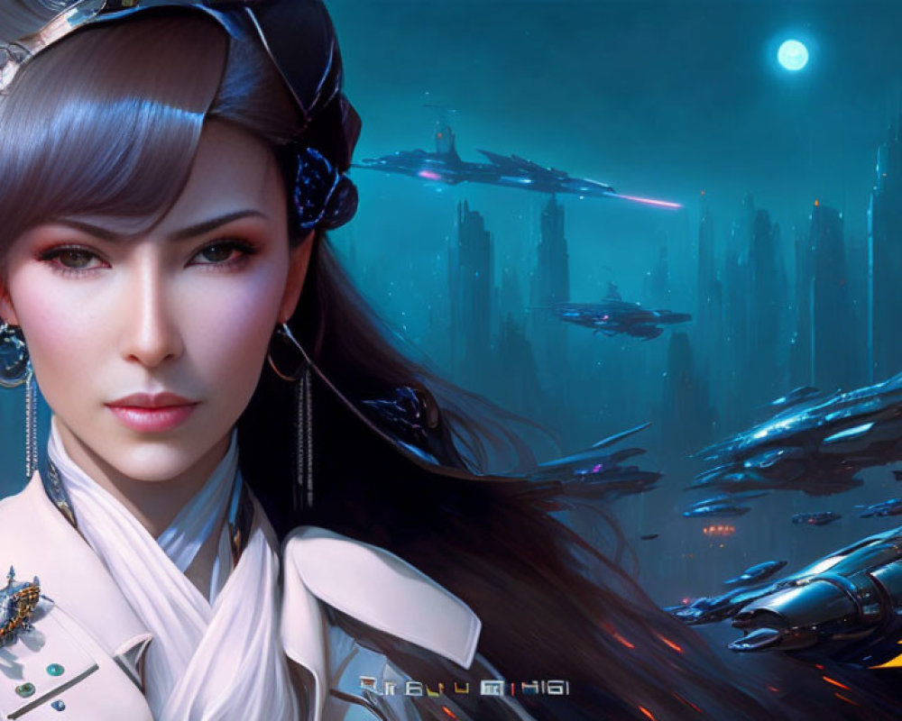 Futuristic portrait of woman with cybernetic enhancements in traditional attire against cityscape and flying ships