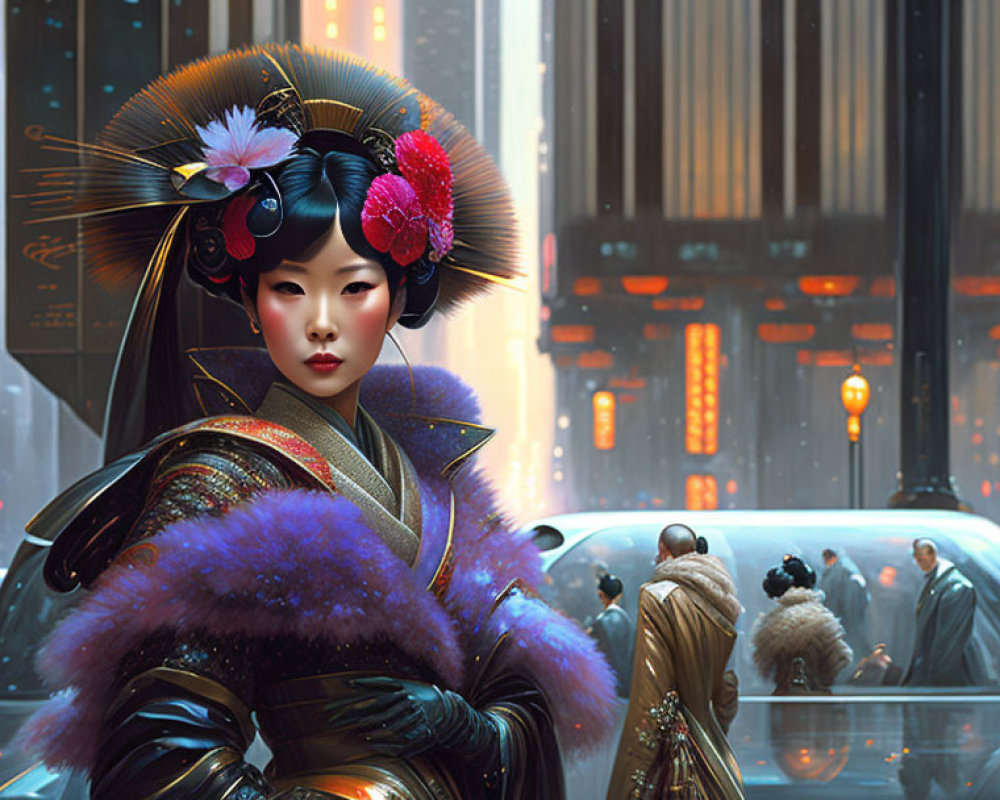 Traditional Japanese attire meets futuristic cyberpunk cityscape.