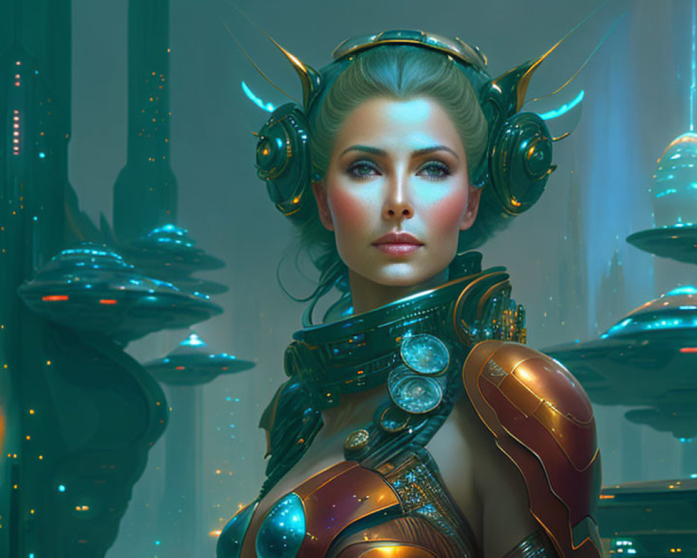 Futuristic woman in high-tech armor with cityscape backdrop