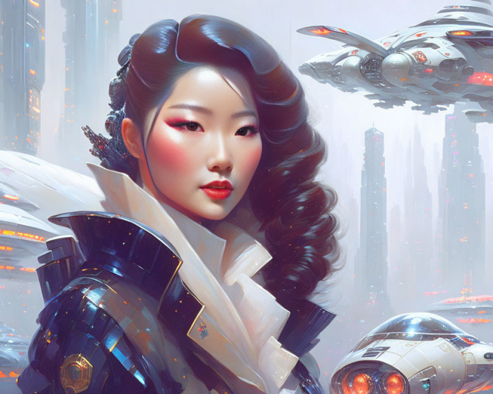 Futuristic portrait of a woman with styled hair, elaborate makeup, sci-fi outfit, flying vehicles