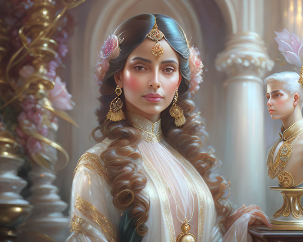 Regal woman in white garment with ornate jewelry in opulent interior