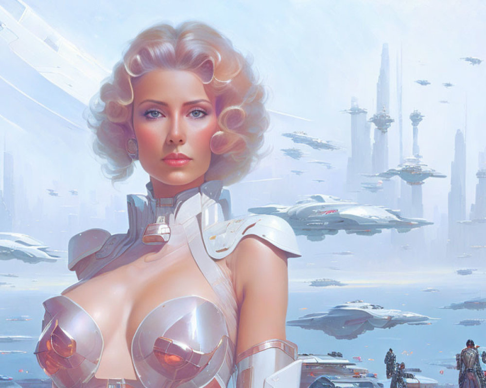 Blonde Curled Woman in Sci-Fi Armor Amid Cityscape