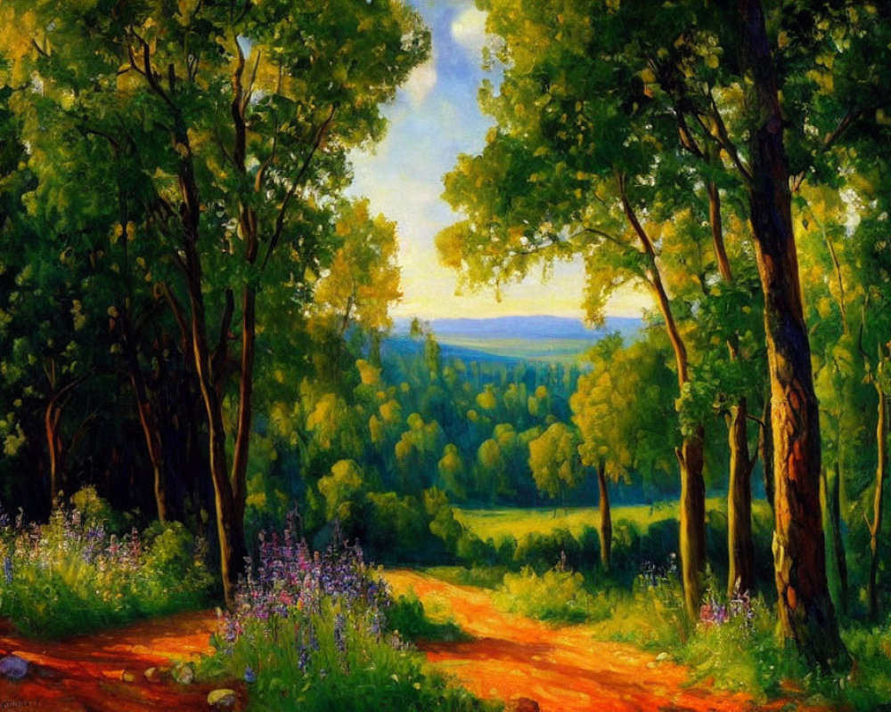 Sunlit forest path with tall trees and wildflowers scenery