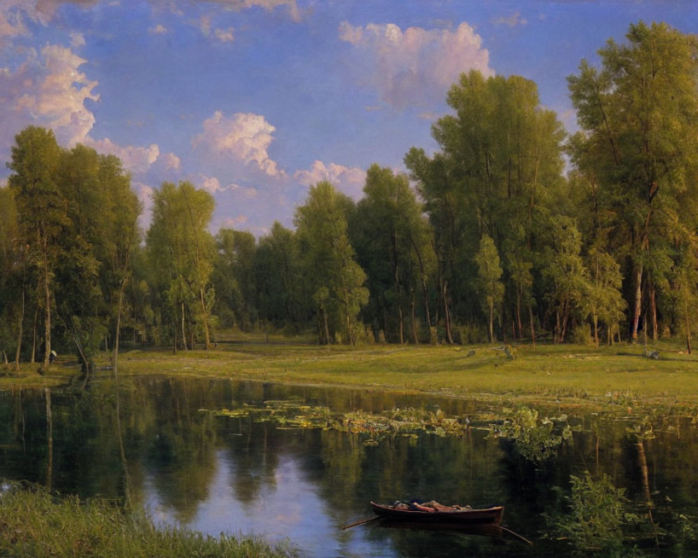 Tranquil river landscape with green trees, boat, reflections, and cloudy sky