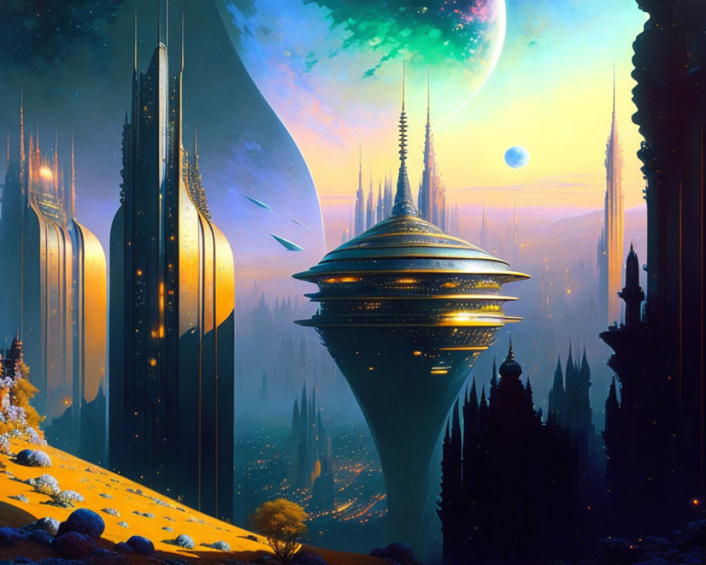 Futuristic sci-fi landscape with towering buildings and celestial bodies.