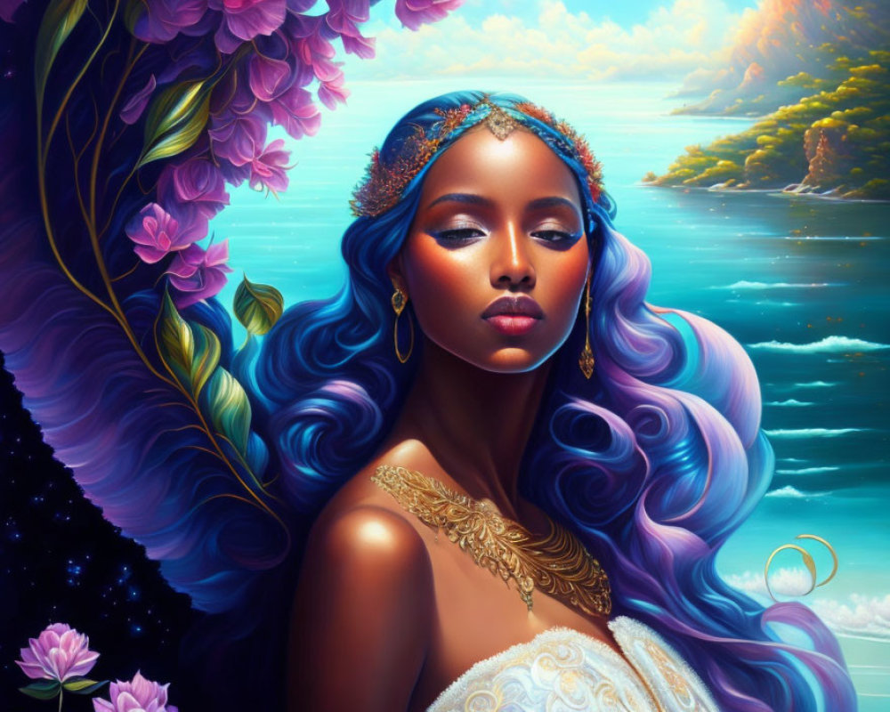 Vibrant portrait of woman with blue hair in golden attire by the sea.