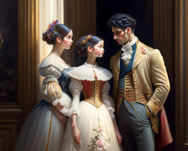 Elegant 19th-Century Attire: Military Uniform Courting Two Women