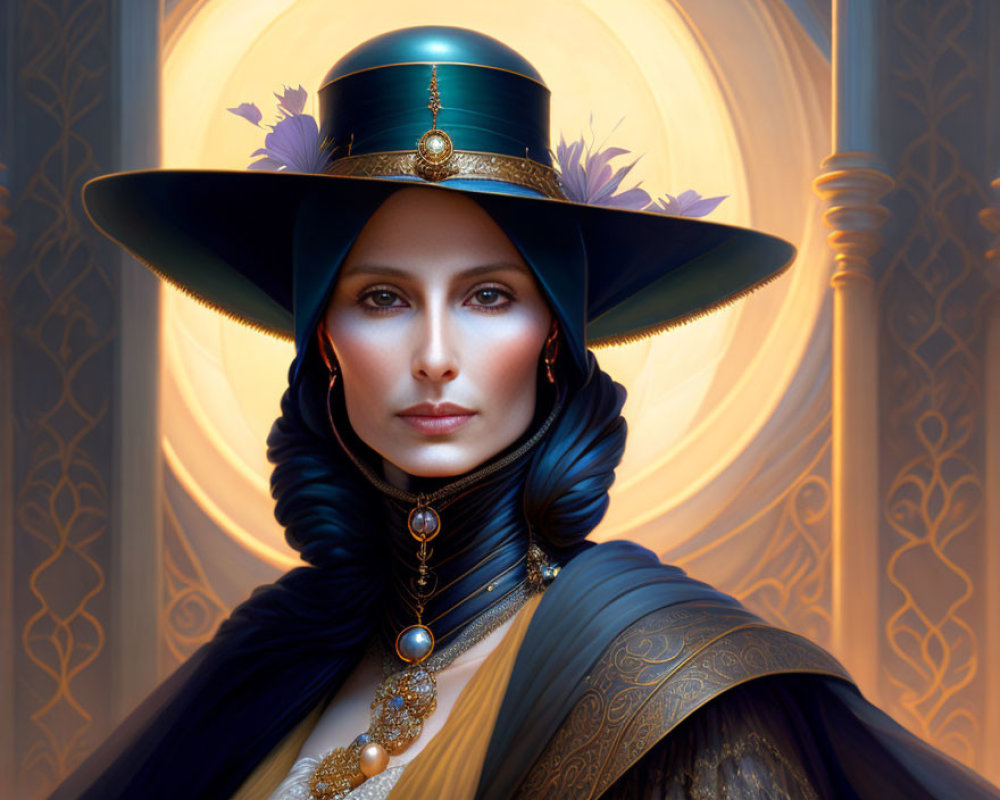 Elegant woman in blue top hat and high-collared cloak with gold jewelry